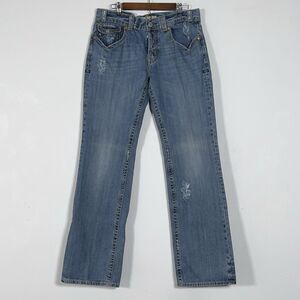 Mek Denim Oaxaca Boot Cut Jeans Mens Sz 34x36 Button Fly Blue Distressed Denim